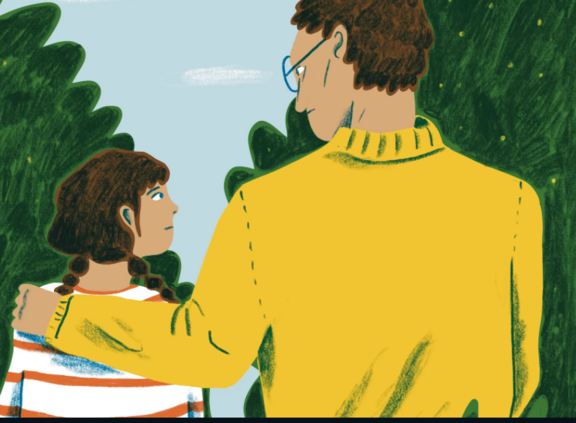 Tochter (links) und Vater (rechts im Bild) sitzen gemeinsam und sehen sich an.